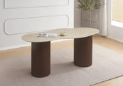 MESA DE COMEDOR NIKI CON BASE EFECTO NOGAL Y CUBIERTA DE CERÁMICA TRAVERTINO MATE QUE COMBINA ESTILO MODERNO Y DURABILIDAD, CON MEDIDAS DE 180X90X75CM