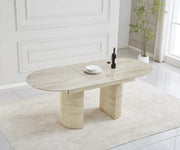 LA MESA DE COMEDOR EXTENSIBLE SAHARA CUENTA CON UNA BASE CON EFECTO TRAVERTINO Y UNA CUBIERTA DE CERÁMICA DE TRAVERTINO BRILLANTE, QUE COMBINAN ELEGANCIA MODERNA Y DURABILIDAD. MIDE 160/200X90X75CM
