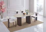 ROXY DINING TABLE FEATURES A WALNUT EFFECT BASE WITH A GLOSSY TRAVERTINE CERAMIC TOP COMBINING MODREN ELEGANCE AND DURABILITY. MEASURING 180X90X75CM