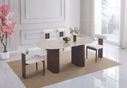 ROXY DINING TABLE FEATURES A WALNUT EFFECT METAL BASE WITH A MATTE TRAVERTINE CERAMIC TOP COMBINING MODREN STYLE AND DURABILITY. MEASURING 160X90X75CM