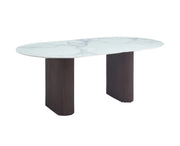 ROXY DINING TABLE FEATURES A WALNUT EFFECT METAL BASE WITH A WHITE MARBLE LOOK CERAMIC TOP COMBINING MODREN ELEGANCE AND DURABILITY. MEASURING 180X90X75CM
