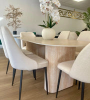 ROXY DINING TABLE FEATURES A TRAVERTINE EFECT BASE WITH A MATTE TRAVERTINE CERAMIC TOP COMBINING NATURAL STONE STYLE WITH MODREN DURABILITY. MEASURING 160X90X75CM
