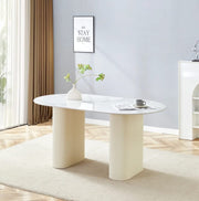 SELENA DINING TABLE FEATURES A BEIGE BASE WITH A WHITE MARBLE EFFECT CERAMIC TOP COMBINING ELEGANCE AND MODREN DESIGN. MEASURING 180X90X75CM
