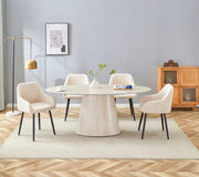 MESA DE COMEDOR OVA CON BASE EFECTO TRAVERTINO Y CUBIERTA DE CERÁMICA TRAVERTINO A JUEGO. 180X90X75CM