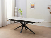MESA DE COMEDOR EXTENSIBLE TONIA, CON BASE DE METAL NEGRO Y TABLERO CERÁMICO BLANCO EFECTO TRAVERTINO, QUE COMBINA ELEGANCIA MODERNA Y DURABILIDAD. 160/240X90X76CM