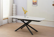 MESA DE COMEDOR EXTENSIBLE NYSA CON BASE DE METAL NEGRO Y TAPA DE CERÁMICA BLANCA TRAVERTINO 129/189X89X76CM