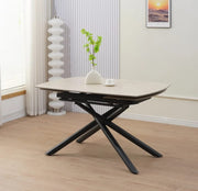 NYSA EXTENDABLE DINING TABLE FEATURES A BLACK METAL BASE WITH A MATTE TRAVERTINE CERAMIC TOP , 129/189X89X76CM