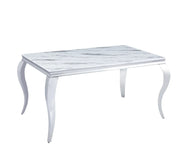 MESA DE COMEDOR BARROCA CON BASE PLATEADA Y TAPA EFECTO MÁRMOL BLANCO DE 150X90X75CM