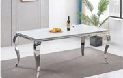 BAROQUE DINING TABLE FEATURES A SILVER BASE WITH A WHITE RESIN TOP COMBINING CLASSIC ELEGANCE 150X90X75CM