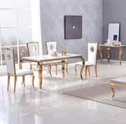BAROQUE DINING TABLE FEATURES A GOLD BASE WITH A WHITE MARBLE EFFECT TOP COMBINING CLASSIC 150X90X75CM