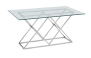 MESA DE COMEDOR TRIANGULAR CON BASE PLATEADA DE DISEÑO GEOMÉTRICO MODERNO 180X90X75CM