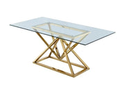 MESA DE COMEDOR PYRAMIDE CON BASE DORADA Y TAPA DE CRISTAL TRANSPARENTE QUE COMBINA ESTILO Y ELEGANCIA MODERNA 150X90X75CM