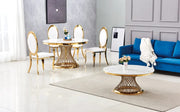 DELUXE DINING TABLE FEATURES A GOLD BASE WITH A WHITE MARBLE EFFECT TOP COMBINING MODREN ELEGANCE AND REFINED STYLE 130X75CM