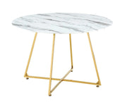 HELOISE ROUND DINING TABLE FEAUTRES GOLD LEGS WITH A WHITE MARBLE EFFECT TOP COMBINING ELEGANCE AND MODREN LUXURY 120X75CM