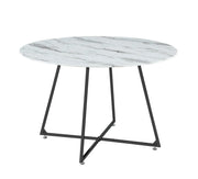 MESA DE COMEDOR REDONDA HELOISE CON PATAS DE METAL NEGRO Y TABLERO EFECTO MÁRMOL BLANCO QUE COMBINA ESTILO MODERNO Y ELEGANCIA 120X75CM