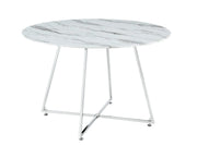 HELOISE ROUND DINING TABLE FEATUES SILVER METAL LEGS WITH A WHITE MARBLE EFFECT TOP COMBINING MODREN STYLE AND ELEGANCE 120X75CM
