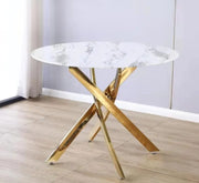 JESSICA DINING TABLE FEATURES A WHITE MARBLE EFFECT GLASS TOP COMBINING ELEGNACE GOLD LEGS 100X75CM