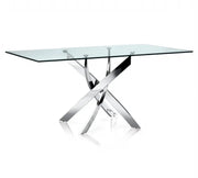 MESA DE COMEDOR RECTANGULAR JESSICA CON BASE PLATEADA Y TAPA DE CRISTAL TRANSPARENTE 150X90X75CM