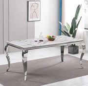 BAROQUR DINING TABLE FEATURES A SILVER BASE A WHITE MARBLE EFFECT TOP COMBINING CLASSIC ELEGNACE 180X90X75CM