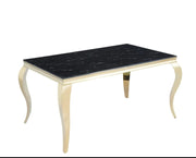 BAROQUE DINING TABLE FEATURES A GOLD BASE WITH A BLACK MARBLE EFFECT TOP COMBINING CLASSIC ELEGANCE 150X90X75CM