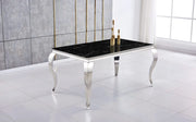 BARQUE DINING TABLE FEATURES A SILVER BASE WITH  A BLACK MARBLE EFFECT YOP COMBINING CLASSIC ELEGNACE . 150X90X75CM