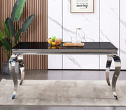 BAROQUE DINING TABLE FEATURES  A SILVER BASE WITH A BLACK TOP COMBINING CLASSIC ELEGANCE WITH BOLD MODREN STYLE 180X90X75CM