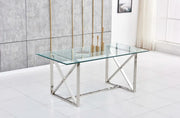KENSY DINING TABLE FEATURES A SILVER BASE WITH A TRANSPARENT GLASS TOP COMBINING SLEEK MODREN DESIGN AND ELEGANCE 180X90X75CM