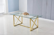 LA MESA DE COMEDOR KENSY CUENTA CON UNA BASE DORADA Y UNA CUBIERTA DE CRISTAL TRANSPARENTE QUE COMBINAN UN DISEÑO MODERNO Y ELEGANTE 180X90X75CM