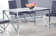 MAJESTIQUE DINING TABLE FEATURES A SILVER BASE WITH A WHITE MARBLE EFFECT GLASS TOP COMBINING MODREN ELEGANCE 150X90X75CM