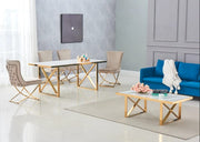 LEVANTO DINING TABLE FEATURES A GOLD BASE WITH MARBLE EFFECT TOP COMBINING LUXURY AND MODREN ELEGANCE 180X90CM
