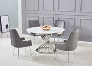 NAUTILUS DINING TABLE FEATURES A WHITE MARBLE TOP WITH A SILVER BASE WITH MODREN ELEGANCE AND LUXURIOUS DESIGN 130X75CM