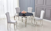 MESA DE COMEDOR REDONDA BARROCA CON TAPA DE MÁRMOL NEGRO Y PATAS PLATEADAS CON MATERIAL Y DISEÑO CLÁSICOS 130X75CM