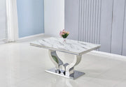 TROFY DINING TABLE FEATURES A WHITE MARBLE EFFECT WITH SILVER FEETS TOP COMBINING MODREN ELEGANCE AND DURABILITY 150X90X75CM