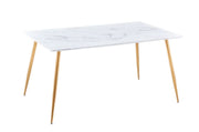 AGNES DINING TABLE FEATURES A GOLD BASE WITH A WHITE MARBLE EFFECT TOP COMBINING MODREN ELEGANCE 150X90CM