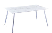 AGNES DINING TABLE FEATURES A SILVER BASE WITH A WHITE MARBLE EFFECT TOP COMBINING MODREN ELEGANCE 150X90CM
