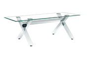 LXE DINING TABLE FEATURES A SILVER BASE WITH A TRANSPARENT GLASS TOP COMBINING SLEEK MODREN DESIGN AND LEGANCE 150X90X75CM