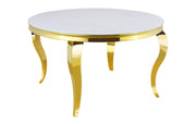 MESA DE COMEDOR REDONDA BAROQUE CON TAPA DE CRISTAL BLANCO ULTRABRILLANTE Y PATAS DORADAS 130X75CM