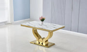 MESA DE COMEDOR TROFY CON CUBIERTA DE MÁRMOL BLANCO Y PATAS DORADAS DE 150X90X75CM