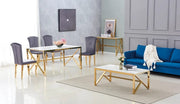 MAJESTIQUE DINING TABLE FEATURES A WHITE MARBLE EFFECT  WITH A GOLD LEGS WITH 150X90X75CM