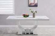 TROFY DINING TABLE FEATURES A WHITE MARBLE TOP WITH A SILVER FEETS COMBINING MODREN ELEGANCE DESIGN 180X90X75CM