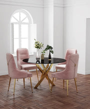 JESSICA DINING TABLE FEATURES A BLACK MARBLE TOP WITH A GOLD METAL FEETS COMBINING MODREN ELEGANCE FINISH 120X75CM