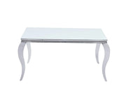 BAROQUE  DINING TABLE  FEATURES AND ULTRA WHITE TOP WITH A SILVER  BASE FEETS 150X90X75CM