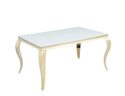 BAROQUE  DINING TABLE  FEATURES AND ULTRA WHITE TOP WITH A GOLD  BASE FEETS 150X90X75CM