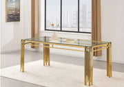 MESA DE COMEDOR FLUTE CON TAPA DE CRISTAL TRANSPARENTE, PATAS DORADAS Y DISEÑO DE ELEGANCIA MODERNA 150X90X75CM