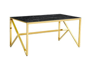 MAJESTIQUE DINING TABLE FEATURES A BLACK MARBLE EFFECT GLASS TOP WITH A GOLD FEETS WITH ELEGANT DESIGN 150X90X75CM