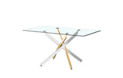 MESA DE COMEDOR JESSICA CON TAPA DE CRISTAL TRANSPARENTE Y DETALLES EN DORADO Y PLATEADO CON ELEGANCIA MODERNA 180X90X75CM