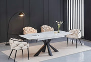 EXTENDABLE DINING TABLE FEATURES A WHITE MARBLE EFFECT CERAMIC TOP WITH A BLACK METAL FEETS 160/200X90X75CM