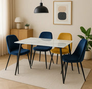 MIRAGE 130X70X75CM DINING TABLE FEATURES A WHITE MARBLE TOP WITH A MIRAGE STYLE BLACK FEETS .