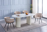ANNA 180X90X75CM DINING TABLE FEATURES A WHITE MARBLE EFFECT CERAMIC TOP WITH BEIGE LEGS .