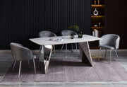 MESA DE COMEDOR GRAFFI 180X90X75CM CON TAPA CERÁMICA EFECTO MÁRMOL BLANCO Y PATAS PLATEADAS.